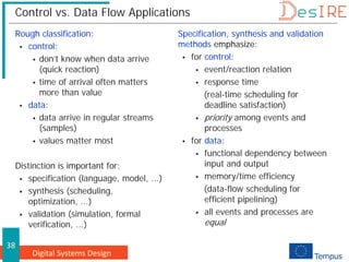 Digital Systems Design
38
Control vs. Data Flow Applications
Rough classification:
 control:
 don’t know when data arrive
(quick reaction)
 time of arrival often matters
more than value
 data:
 data arrive in regular streams
(samples)
 values matter most
Distinction is important for:
 specification (language, model, ...)
 synthesis (scheduling,
optimization, ...)
 validation (simulation, formal
verification, ...)
Specification, synthesis and validation
methods emphasize:
 for control:
 event/reaction relation
 response time
(real-time scheduling for
deadline satisfaction)
 priority among events and
processes
 for data:
 functional dependency between
input and output
 memory/time efficiency
(data-flow scheduling for
efficient pipelining)
 all events and processes are
equal
 