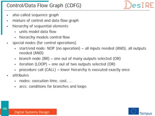 Digital Systems Design
44
Control/Data Flow Graph (CDFG)
 also called sequence graph
 mixture of control and data flow graph
 hierarchy of sequential elements
 units model data flow
 hierarchy models control flow
 special nodes (for control operations)
 start/end node: NOP (no operation) – all inputs needed (AND), all outputs
needed (AND)
 branch node (BR) – one out of many outputs selected (OR)
 iteration (LOOP) – one out of two outputs selected (OR)
 procedure call (CALL) – lower hierarchy is executed exactly once
 attributes
 nodes: execution time, cost, ...
 arcs: conditions for branches and loops
 
