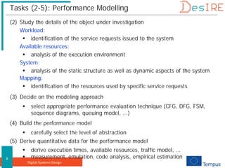 Digital Systems Design
8
Tasks (2-5): Performance Modelling
(2) Study the details of the object under investigation
Workload:
 identification of the service requests issued to the system
Available resources:
 analysis of the execution environment
System:
 analysis of the static structure as well as dynamic aspects of the system
Mapping:
 identification of the resources used by specific service requests
(3) Decide on the modeling approach
 select appropriate performance evaluation technique (CFG, DFG, FSM,
sequence diagrams, queuing model, ...)
(4) Build the performance model
 carefully select the level of abstraction
(5) Derive quantitative data for the performance model
 derive execution times, available resources, traffic model, ...
 measurement, emulation, code analysis, empirical estimation
 