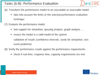 Digital Systems Design
9
Tasks (6-8): Performance Evaluation
(6) Transform the performance model to an executable or assessable model
 take into account the limits of the selected performance evaluation
technique
(7) Evaluate the performance model
 tool support for simulation, queuing analysis, graph analysis, ...
 ensure the model is a valid model of the system
validation of results (confidence intervals, seeds for simulation, rare
event problems)
(8) Verify the performance results against the performance requirements
 check if real-time, response time, capacity requirements are met
 