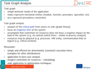 Digital Systems Design
16
Task Graph Analysis
Task graph
 simple behavior model of the application
 nodes represent functional entities (module, function, procedure, operation, etc)
 arcs represent precedence constraints
Task graph analysis
 analysis of the critical path from source to sink (graph theory)
 focus on response time of the system
 assumption that contention on resources does not have a negative impact on the
load of the system (e.g. no context-switch times - similar to process analysis)
 resources may be physical (e.g. processor, HW entity, communication link) or
logical (e.g. critical sections)
Discussion:
 simple and efficient for deterministic (constant) execution times
(complex for other distributions)
 application to best-case analysis
(neglect contention on resources – scheduling)
 wide application to optimization techniques
 