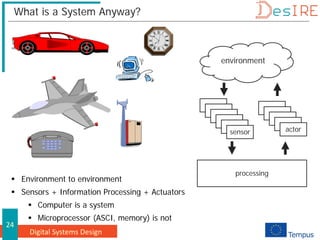Digital Systems Design
24
What is a System Anyway?
 Environment to environment
 Sensors + Information Processing + Actuators
 Computer is a system
 Microprocessor (ASCI, memory) is not
environment
sensor
sensor
sensor
sensor
sensor
processing
actor
 