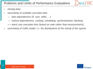Digital Systems Design
32
Problems and Limits of Performance Evaluations
 missing data
 uncertainty of available execution data
 data dependencies (if, case, while, ...)
 context dependencies: caching, scheduling, synchronization, blocking
=> worst case execution time (based on code rather than measurements)
 uncertainty of traffic model, i.e. the distributions of the stimuli of the system
 