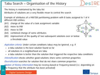 Digital Systems Design
24
Tabu Search – Organisation of the History
The history is maintained by the tabu list
Attributes of solutions are a very flexible mean to control the search
Example of attributes of a HW/SW partitioning problem with 8 tasks assigned to 1 of 4
different HW entities:
(A1) change of the value of a task assignment variable
(A2) move to HW
(A3) move to SW
(A4) combined change of some attributes
(A5) improvement of the quality of two subsequent solutions over or below
a threshold value
Aspiration criteria: Under certain conditions tabus may be ignored, e.g. if
 a tabu solution is the best solution found so far
 all solutions in a neighborhood are tabu
 a tabu solution is better than the solution that triggered the respective tabu conditions
Intensification checks whether good solutions share some common properties
Diversification searches for solution that do not share common properties
Update of history information may be recency-based or frequency-based (i.e. depending on
the frequency that the attribute has been activated)
1
2
3
4 5
6
2
4
3
1
4
1
/1
/4
/3
/6
/5
/2
 