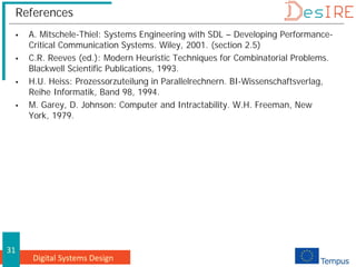 Digital Systems Design
31
References
 A. Mitschele-Thiel: Systems Engineering with SDL – Developing Performance-
Critical Communication Systems. Wiley, 2001. (section 2.5)
 C.R. Reeves (ed.): Modern Heuristic Techniques for Combinatorial Problems.
Blackwell Scientific Publications, 1993.
 H.U. Heiss: Prozessorzuteilung in Parallelrechnern. BI-Wissenschaftsverlag,
Reihe Informatik, Band 98, 1994.
 M. Garey, D. Johnson: Computer and Intractability. W.H. Freeman, New
York, 1979.
 
