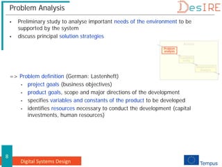 Digital Systems Design
8
Problem Analysis
 Preliminary study to analyse important needs of the environment to be
supported by the system
 discuss principal solution strategies
=> Problem definition (German: Lastenheft)
• project goals (business objectives)
• product goals, scope and major directions of the development
• specifies variables and constants of the product to be developed
• identifies resources necessary to conduct the development (capital
investments, human resources)
Analysis
Problem
analysis
Feasibility
study
Requirements
analysis
 