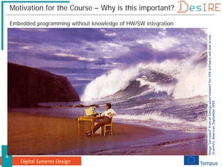 Digital Systems Design
4
Motivation for the Course – Why is this important?
Embedded programming without knowledge of HW/SW integration
Image
“borrowed”
from
an
Iomega
advertisement
for
Y2K
software
and
disk
drives,
Scientific
American
,
September
1999.
Image
“borrowed”
from
an
Iomega
advertisement
for
Y2K
software
and
disk
drives,
Scientific
American
,
September
1999.
 