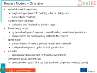 Digital Systems Design
25
Process Models – Overview
 Waterfall model (top-down)
 engineering approach to building a house, bridge, etc.
 no feedback assumed
 Iterative waterfall model
 validation and feedback to earlier stages
 Evolutionary model
 system development process is considered an evolution of prototypes
 requirements are subsequently added to the system
 Spiral model
 generalisation of various process models (meta model)
 multiple development cycles including validation
 V model
 continuous validation with real world/environment
 Component-based (bottom-up)
 compose the system of a set of predefined components (object-based)
 