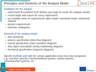 Digital Systems Design
16
Principles and Elements of the Analysis Model
Guidelines for the analysis:
 understand the problem first! (before you begin to create the analysis model)
 record origin and reason for every requirement
 use multiple views of requirements (data model, functional model, behavioral
models)
 priorize requirements
 eliminate ambiquities
Elements of the analysis model:
 data dictionary
 process specification (data-flow diagram)
 control specification (state-transition diagram)
 data object description (entity-relationship diagram)
 functional specification (sequence diagram)
Specific methods and tools for various application areas have been proposed,
e.g. real-time systems, transformational systems, control systems,
communication systems, etc.
 