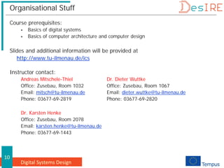 Digital Systems Design
10
Organisational Stuff
Course prerequisites:
 Basics of digital systems
 Basics of computer architecture and computer design
Slides and additional information will be provided at
http://www.tu-ilmenau.de/ics
Instructor contact:
Andreas Mitschele-Thiel Dr. Dieter Wuttke
Office: Zusebau, Room 1032 Office: Zusebau, Room 1067
Email: mitsch@tu-ilmenau.de Email: dieter.wuttke@tu-ilmenau.de
Phone: 03677-69-2819 Phone: 03677-69-2820
Dr. Karsten Henke
Office: Zusebau, Room 2078
Email: karsten.henke@tu-ilmenau.de
Phone: 03677-69-1443
 