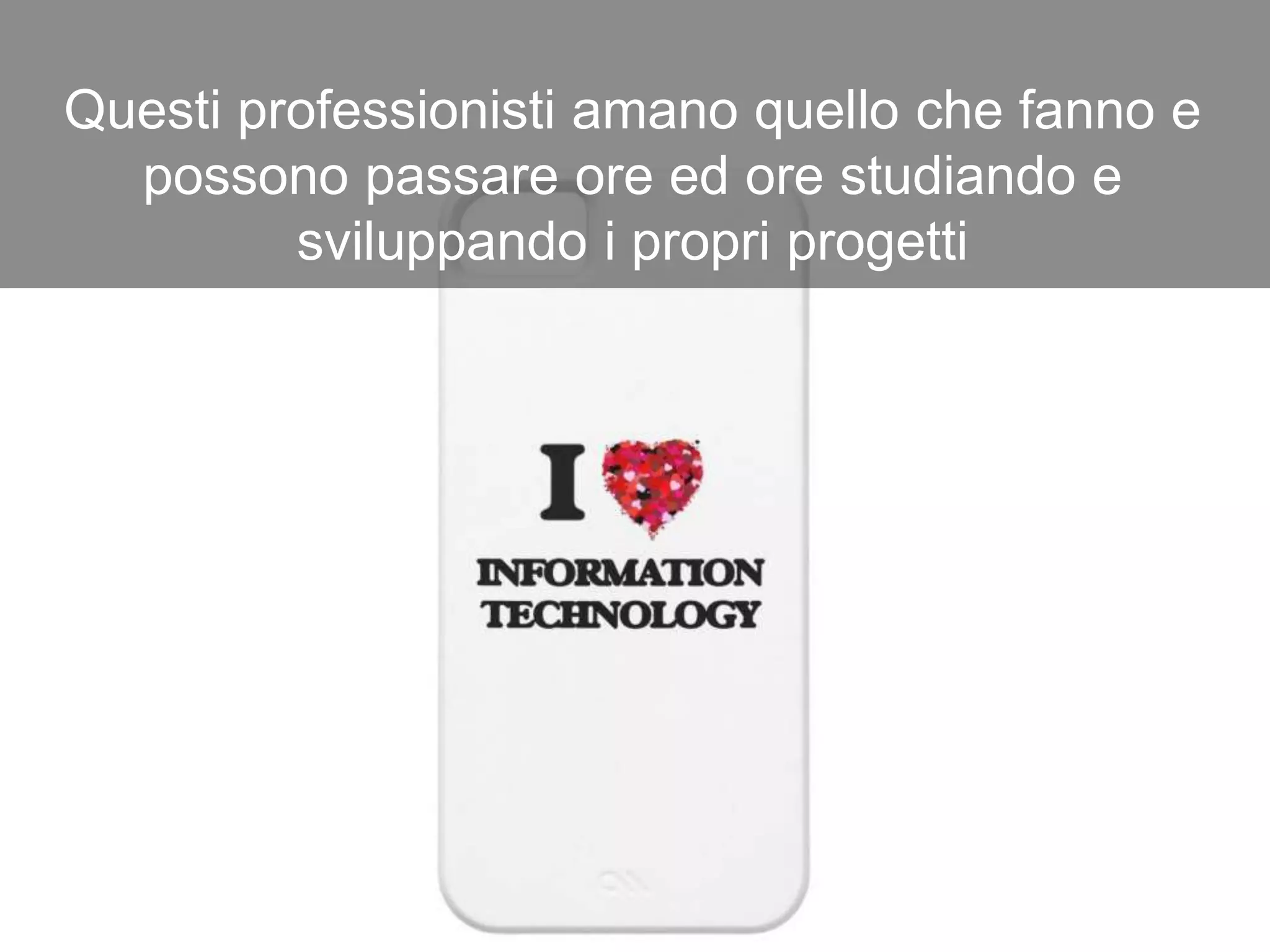 Questi professionisti amano quello che fanno e
possono passare ore ed ore studiando e
sviluppando i propri progetti
 