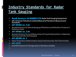Industry Standards for Radar Tank Gauging Saudi Aramco: 34-SAMSS-319: Radar Tank Gauging EquipmentsAPI: American Petroleum Institute/Manual of Petroleum Measurement Standards:API MPMS ch. 3.lAStandard Practice for Manual Gauging of Petroleum and Petroleum Products in Stationary TanksAPI MPMS ch. 3.lBStandard Practice for Level Measurement of Liquid Hydrocarbons in Stationary Tanks by Automatic Tank GaugingAPI MPMS ch. 7Static Temperature Determination Using Fixed Automatic Tank ThermometerAPI 2350Overfill Protection for Storage tanks in Petroleum facilities8/12/2009SARAVANA KUMAR B.T15