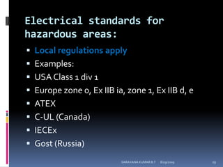Electrical standards for hazardous areas:Local regulations applyExamples:USA Class 1 div 1 Europe zone 0, Ex IIB ia, zone 1, Ex IIB d, e ATEXC-UL (Canada)IECExGost (Russia)8/12/2009SARAVANA KUMAR B.T19