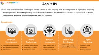 About Us
 Code and Pixels Interactive Technologies Private Limited is a IT company with its headquarters in Hyderabad, providing
eLearning Solutions, Content Engineering Services, Consultancy Services and IT Services to industries in verticals such as Defence,
Transportation, Aerospace, Manufacturing, Energy, BFSI and Education.
Software
Development
Content
Engineering
Product
Developmet
Mobile App
Developmet
Digital
Marketing
Departmnets
 Custom software development
 Web Application Develomnet
 ERP Solutions
 Computer Based Learning
 IETM (Level 1,2,3 and 4)
 Video Based Learnig
 Digital Teacher (KG to X)
 English Language Lab
 Smart Classroom Service
 Mobile Based Learning
 Customized App Developnet
 Company/Prodcut
Promotions
 Political Campaining
 
