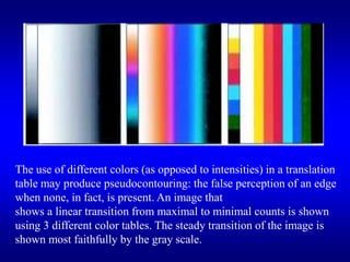 The use of different colors (as opposed to intensities) in a translation
table may produce pseudocontouring: the false perception of an edge
when none, in fact, is present. An image that
shows a linear transition from maximal to minimal counts is shown
using 3 different color tables. The steady transition of the image is
shown most faithfully by the gray scale.
 