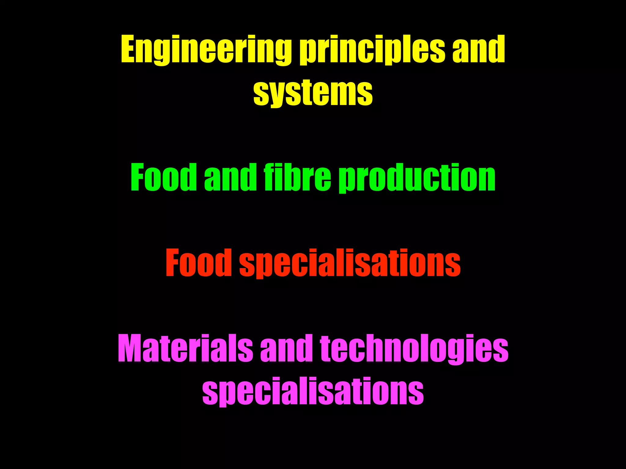 Engineering principles and
systems
Food and fibre production
Food specialisations
Materials and technologies
specialisations
 