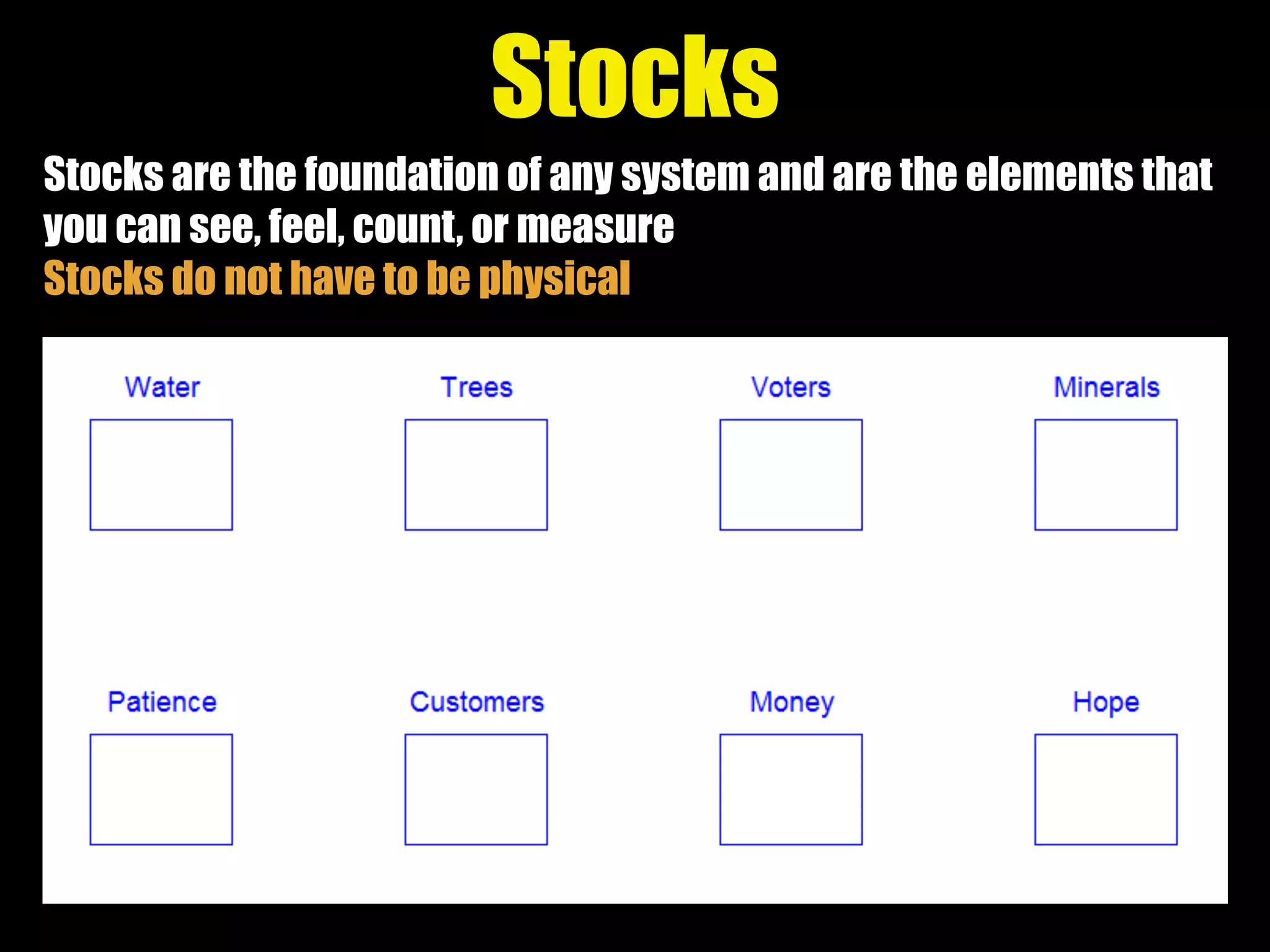 Stocks are the foundation of any system and are the elements that
you can see, feel, count, or measure
Stocks do not have to be physical
Stocks
 
