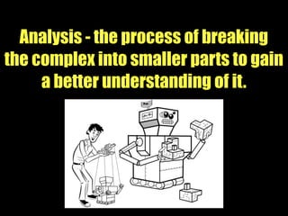 Analysis - the process of breaking
the complex into smaller parts to gain
a better understanding of it.
 