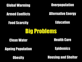 Global Warming
Armed Conflicts
Food Scarcity
Clean Water
Ageing Population
Obesity
Overpopulation
Alternative Energy
Education
Health Care
Epidemics
Housing and Shelter
Big Problems
 
