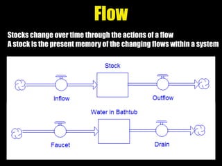 Stocks change over time through the actions of a flow
A stock is the present memory of the changing flows within a system
Flow
 