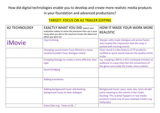 How did digital technologies enable you to develop and create more realistic media products
in your foundation and advanced productions?
TARGET: FOCUS ON A2 TRAILER EDITING
A2 TECHNOLOGY EXACTLY WHAT YOU DID (watch your
evaluation videos to revise the processes then say in your
essay what you did so the examiner knows the detail and
effort you went to)
HOW IT MADE YOUR WORK MORE
REALISTIC
iMovie
Clip trimming Sharper edits made dialogue and action faster,
and created the impression that the soap is
packed with exciting events
Changing sound levels if you filmed in a noisy
location/couldn’t hear dialogue clearly
Clear sound is a key feature of TV products-
muffled or quiet sound reduces the quality of the
trailer
Cropping footage to create a more effective shot
type
e.g. cropping a MS to a ECU conveyed emotion to
audience in a way that met the conventions of
the genre and made the trailer more realistic
Sound bridging
Adding transitions
Adding background music and ducking
background music to hear dialogue
Background music: pace, tone, key, lyrics all add
extra meaning to the events in the trailer.
Ducking: This is what happens in real media
products (name one of your example trailers e.g.
Hollyoaks)
Voice Over e.g. “now on E4...”
 