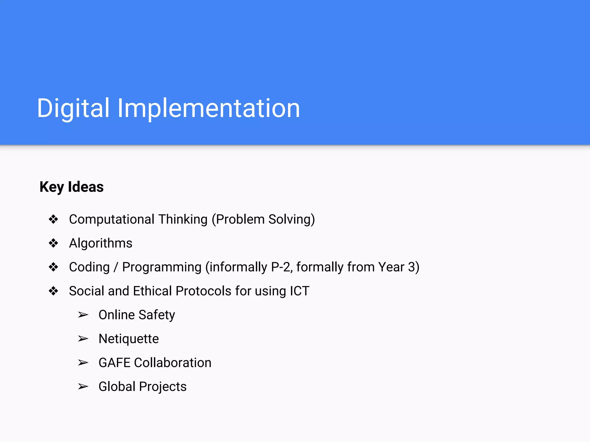 Digital Implementation
Key Ideas
❖ Computational Thinking (Problem Solving)
❖ Algorithms
❖ Coding / Programming (informally P-2, formally from Year 3)
❖ Social and Ethical Protocols for using ICT
➢ Online Safety
➢ Netiquette
➢ GAFE Collaboration
➢ Global Projects
 