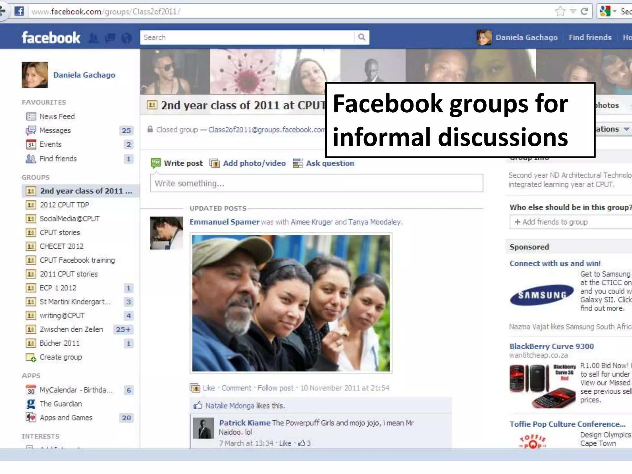 Facebook groups for
informal discussions
 