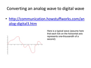Converting an analog wave to digital wavehttp://communication.howstuffworks.com/analog-digital3.htmHere is a typical wave (assume here that each tick on the horizontal axis represents one-thousandth of a second): 