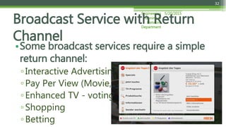 5/20/2015Engineering
Planning &
Network
Department
32
•Some broadcast services require a simple
return channel:
▫Interactive Advertising
▫Pay Per View (Movie, Sport)
▫Enhanced TV - voting
▫Shopping
▫Betting
Broadcast Service with Return
Channel
 