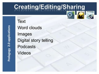 Creating/Editing/Sharing

                             Text
Pedagogy 2.0 applications




                             Word clouds
                             Images
                             Digital story telling
                             Podcasts
                             Videos
 
