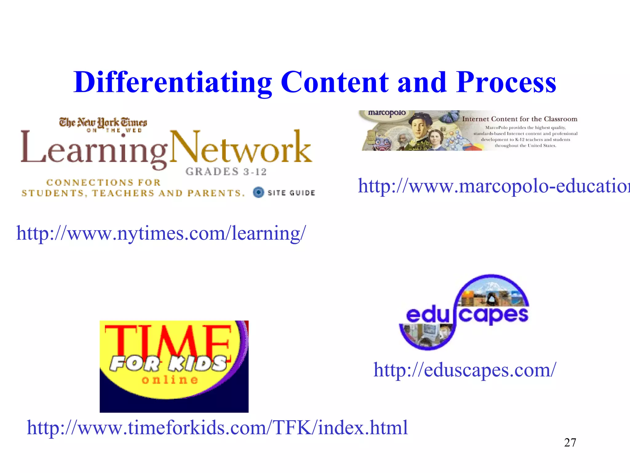 Differentiating Content and Process http://www.nytimes.com/learning/ http://eduscapes.com/ http://www.timeforkids.com/TFK/index.html http://www.marcopolo-education.org/ 