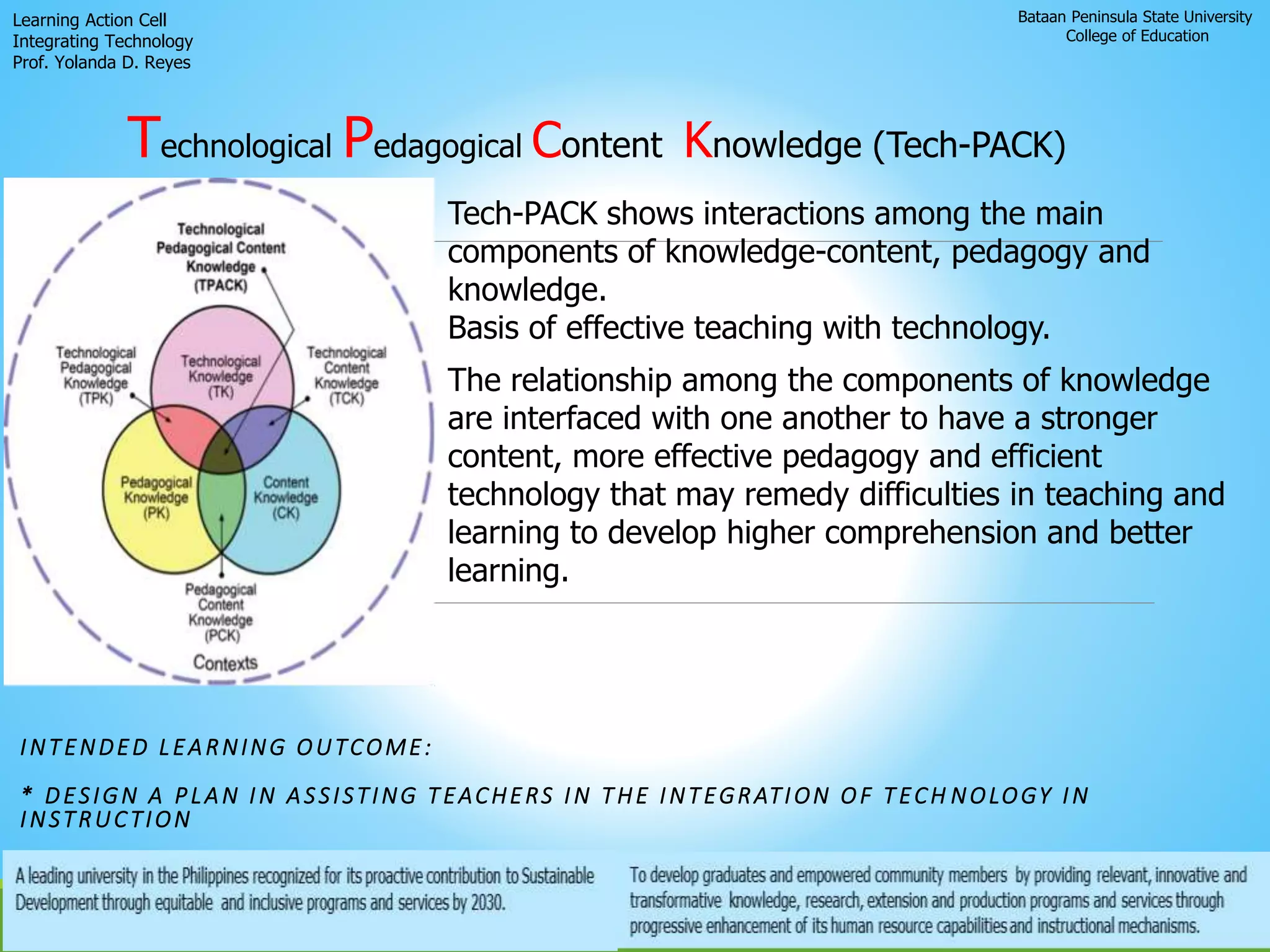 Bataan Peninsula State University
College of Education
Learning Action Cell
Integrating Technology
Prof. Yolanda D. Reyes
INTENDED LEARNING OUTCOME:
* DESIGN A PLAN IN ASSISTING TEACHERS IN THE INTEGRATION OF TECH NOLOGY IN
INSTRUCTION
Tech-PACK shows interactions among the main
components of knowledge-content, pedagogy and
knowledge.
Basis of effective teaching with technology.
Technological Pedagogical Content Knowledge (Tech-PACK)
The relationship among the components of knowledge
are interfaced with one another to have a stronger
content, more effective pedagogy and efficient
technology that may remedy difficulties in teaching and
learning to develop higher comprehension and better
learning.
 