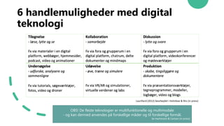 6 handlemuligheder med digital
teknologi
Laurillard (2012) bearbejdet i Holmboe & Riis (in press)
OBS! De fleste teknologi...