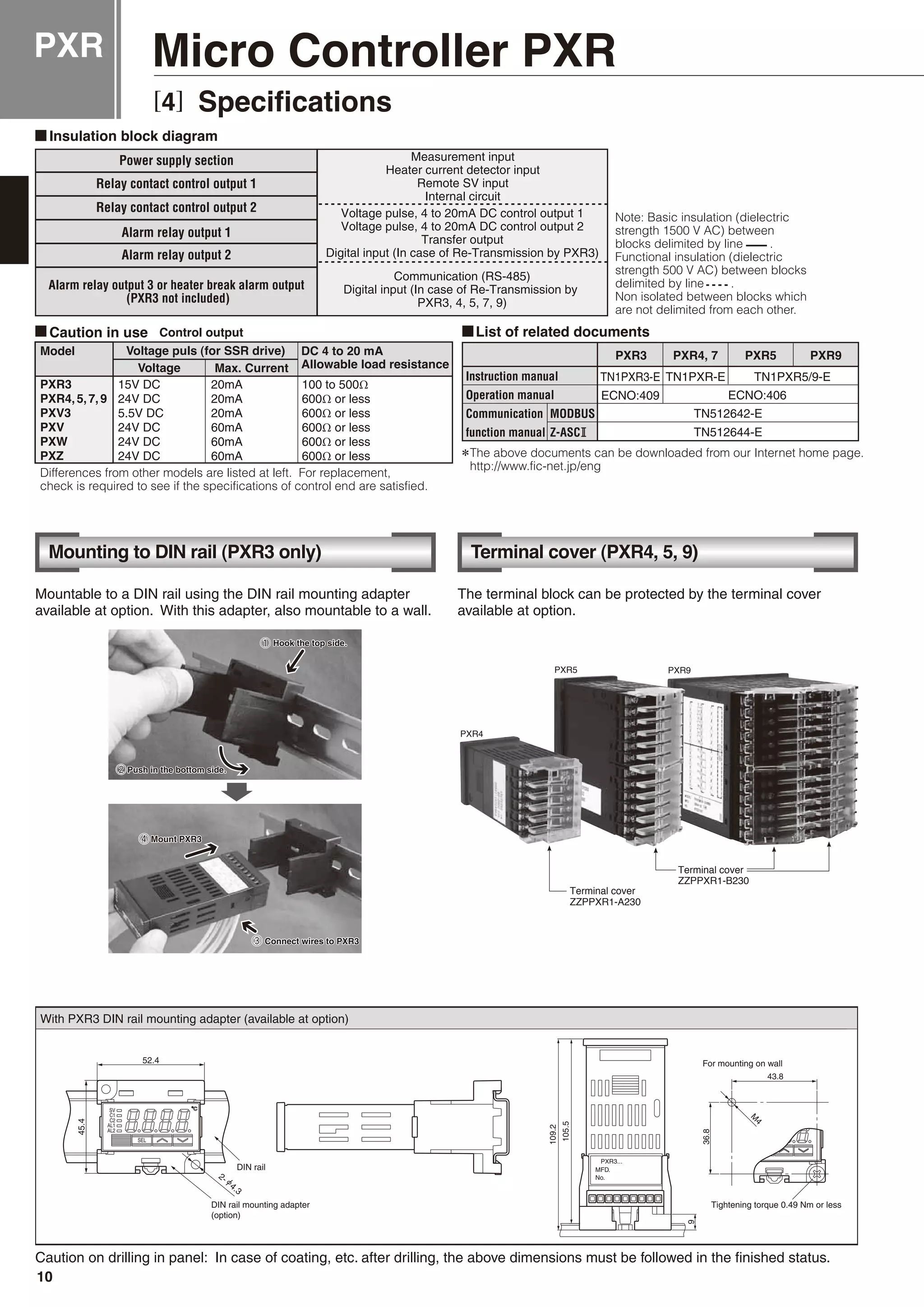 PXR Micro Controller PXR
[4] Specifications
Power supply section
Relay contact control output 1
Relay contact control output 2
Alarm relay output 1
Alarm relay output 2
Alarm relay output 3 or heater break alarm output
(PXR3 not included)
Differences from other models are listed at left. For replacement,
check is required to see if the specifications of control end are satisfied.
15V DC
24V DC
5.5V DC
24V DC
24V DC
24V DC
20mA
20mA
20mA
60mA
60mA
60mA
100 to 500Ω
600Ω or less
600Ω or less
600Ω or less
600Ω or less
600Ω or less
Measurement input
Heater current detector input
Remote SV input
Internal circuit
Communication (RS-485)
Digital input (In case of Re-Transmission by
PXR3, 4, 5, 7, 9)
Voltage pulse, 4 to 20mA DC control output 1
Voltage pulse, 4 to 20mA DC control output 2
Transfer output
Digital input (In case of Re-Transmission by PXR3)
TN1PXR3-E
ECNO:409
TN1PXR-E TN1PXR5/9-EInstruction manual
Operation manual
Communication MODBUS
function manual Z-ASC
ECNO:406
TN512642-E
TN512644-E
The above documents can be downloaded from our Internet home page.
http://www.fic-net.jp/eng
Note: Basic insulation (dielectric
strength 1500 V AC) between
blocks delimited by line .
Functional insulation (dielectric
strength 500 V AC) between blocks
delimited by line .
Non isolated between blocks which
are not delimited from each other.
With PXR3 DIN rail mounting adapter (available at option)
Caution on drilling in panel: In case of coating, etc. after drilling, the above dimensions must be followed in the finished status.
Mountable to a DIN rail using the DIN rail mounting adapter
available at option. With this adapter, also mountable to a wall.
Mounting to DIN rail (PXR3 only) Terminal cover (PXR4, 5, 9)
The terminal block can be protected by the terminal cover
available at option.
PXR4
PXR5 PXR9
Terminal cover
ZZPPXR1-A230
Terminal cover
ZZPPXR1-B230
10
 