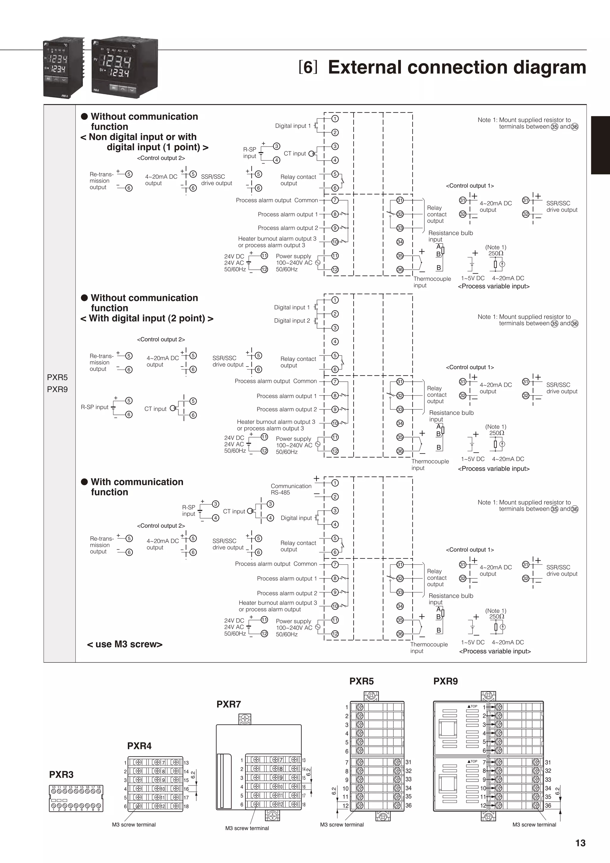 PXR5
PXR9
12
11
10
36
35
34
B
A
B
9
8
7
5
6
4
3
1
2
3232
33
31 31
32
31
4~20mA DC
output
12
11
10
36
35
34
B
A
B
6
5
9
8
7
5
6
4
3
1
2
3232
33
31 31
32
31
12
11
10
36
35
34
B
A
B
6
5 5
6
9
8
7
5
6
4
3
1
2
3232
33
31 31
32
31
Relay
contact
output
Relay
contact
output
Relay
contact
output
Thermocouple
input
SSR/SSC
drive output
4~20mA DC
output
4~20mA DC1~5V DC
4~20mA DC1~5V DC
SSR/SSC
drive output
<Process variable input>
<Process variable input>
4~20mA DC1~5V DC
<Process variable input>
Resistance bulb
input
Thermocouple
input
Resistance bulb
input
Thermocouple
input
Resistance bulb
input
Digital input 1
CT input
Digital input 1
Digital input 2
Digital input
Heater burnout alarm output 3
or process alarm output 3
Process alarm output 1
Process alarm output Common
Process alarm output 2
Power supply
100~240V AC
50/60Hz
Heater burnout alarm output 3
or process alarm output 3
Process alarm output 1
Process alarm output Common
Process alarm output 2
Power supply
100~240V AC
50/60Hz
Heater burnout alarm output 3
or process alarm output
Process alarm output 1
Process alarm output Common
Process alarm output 2
Power supply
100~240V AC
50/60Hz
●
● Communication
RS-485
<Control output 2>
<Control output 1>
4~20mA DC
output
SSR/SSC
drive output
<Control output 1>
4~20mA DC
output
SSR/SSC
drive output
<Control output 1>
4~20mA DC
output
6
5 5
6
SSR/SSC
drive output
CT input
4
3
CT input
<Control output 2>
4~20mA DC
output
6
5 5
6
SSR/SSC
drive output
<Control output 2>
Relay contact
output
Relay contact
output
Relay contact
output
250Ω
250Ω
250Ω
+
–
Re-trans-
mission
output 6
5
+
–
Re-trans-
mission
output 6
5
+
–
Re-trans-
mission
output 6
5
+
–
+
–
+
–
+
–
+
–
+
–
+
–
+
–
+
–
+
–
+
–
+
–
+
–
+
–
+
–
+
–
+
–
+
–
+
–
(Note 1)
(Note 1)
(Note 1)
Note 1: Mount supplied resistor to
terminals between and35 36
Note 1: Mount supplied resistor to
terminals between and35 36
Note 1: Mount supplied resistor to
terminals between and35 36
●
24V DC
24V AC
50/60Hz 12
11
+
–
24V DC
24V AC
50/60Hz 12
11
+
–
24V DC
24V AC
50/60Hz 12
11
+
–
R-SP
input
4
3
+
–
R-SP input
6
5
+
–
R-SP
input
4
3
+
–
18
9
15 171612 13 14
6 7 83 4 5
10 11
1 2
6.2
12
11
10
36
35
34
33
32
31
9
8
7
6
5
4
3
2
1
M3 screw terminal
TOP
TOP
6.2
31
32
33
34
35
36
7
8
9
1
2
3
4
5
6
10
11
12
M3 screw terminal
6.2
M3 screw terminal
6
5
4
3
2
1
12
11
10
9
8
7
18
17
16
15
14
13 1
2
3
4
5
6
7
8
9
10
11
12
13
14
15
16
17
18
M3 screw terminal
6.2
PXR5
PXR7
PXR3
PXR4
PXR9
[6] External connection diagram
13
 
