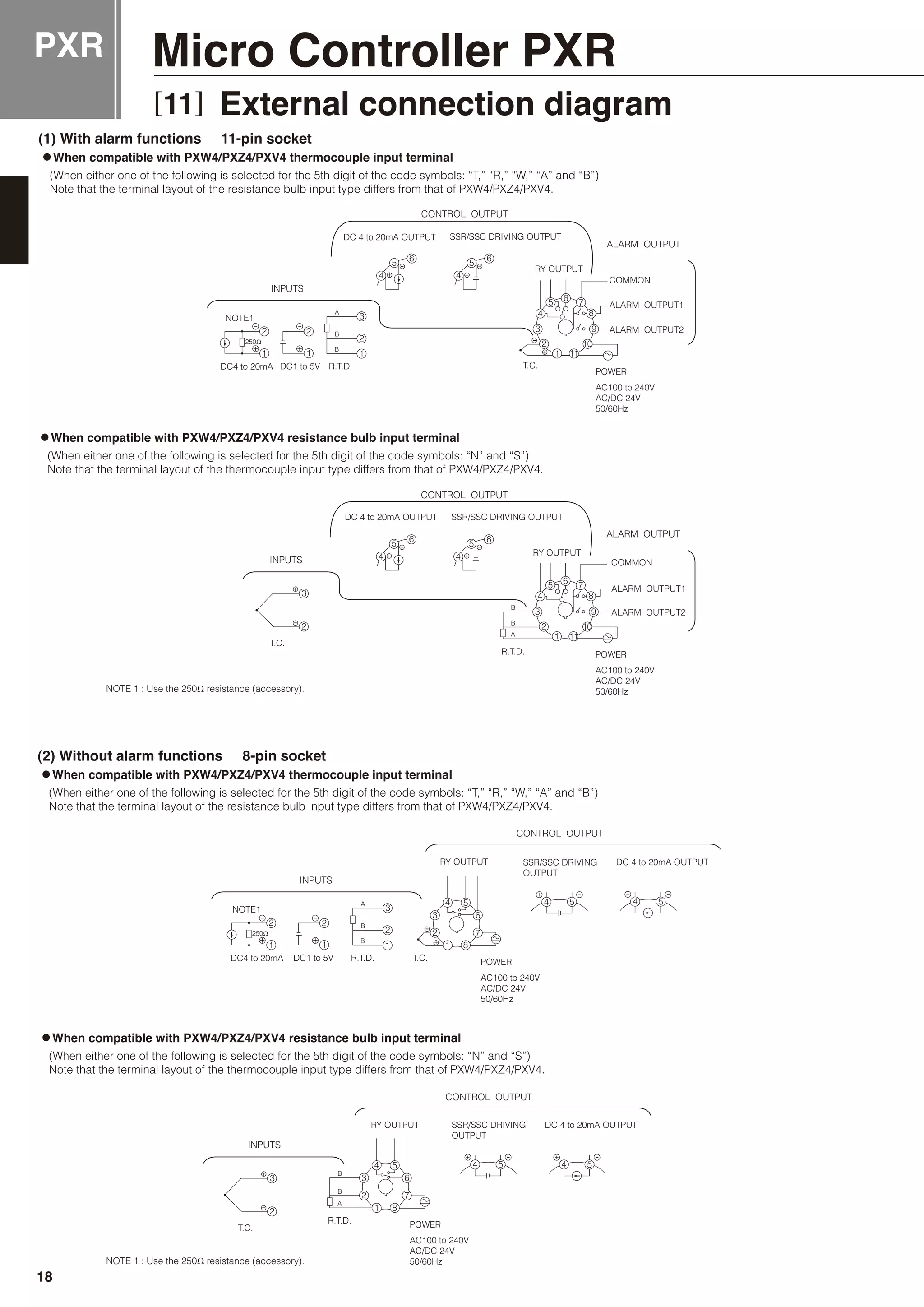 PXR Micro Controller PXR
[11] External connection diagram
When compatible with PXW4/PXZ4/PXV4 resistance bulb input terminal
When compatible with PXW4/PXZ4/PXV4 thermocouple input terminal
(1) With alarm functions 11-pin socket
When compatible with PXW4/PXZ4/PXV4 resistance bulb input terminal
When compatible with PXW4/PXZ4/PXV4 thermocouple input terminal
(2) Without alarm functions 8-pin socket
18
 