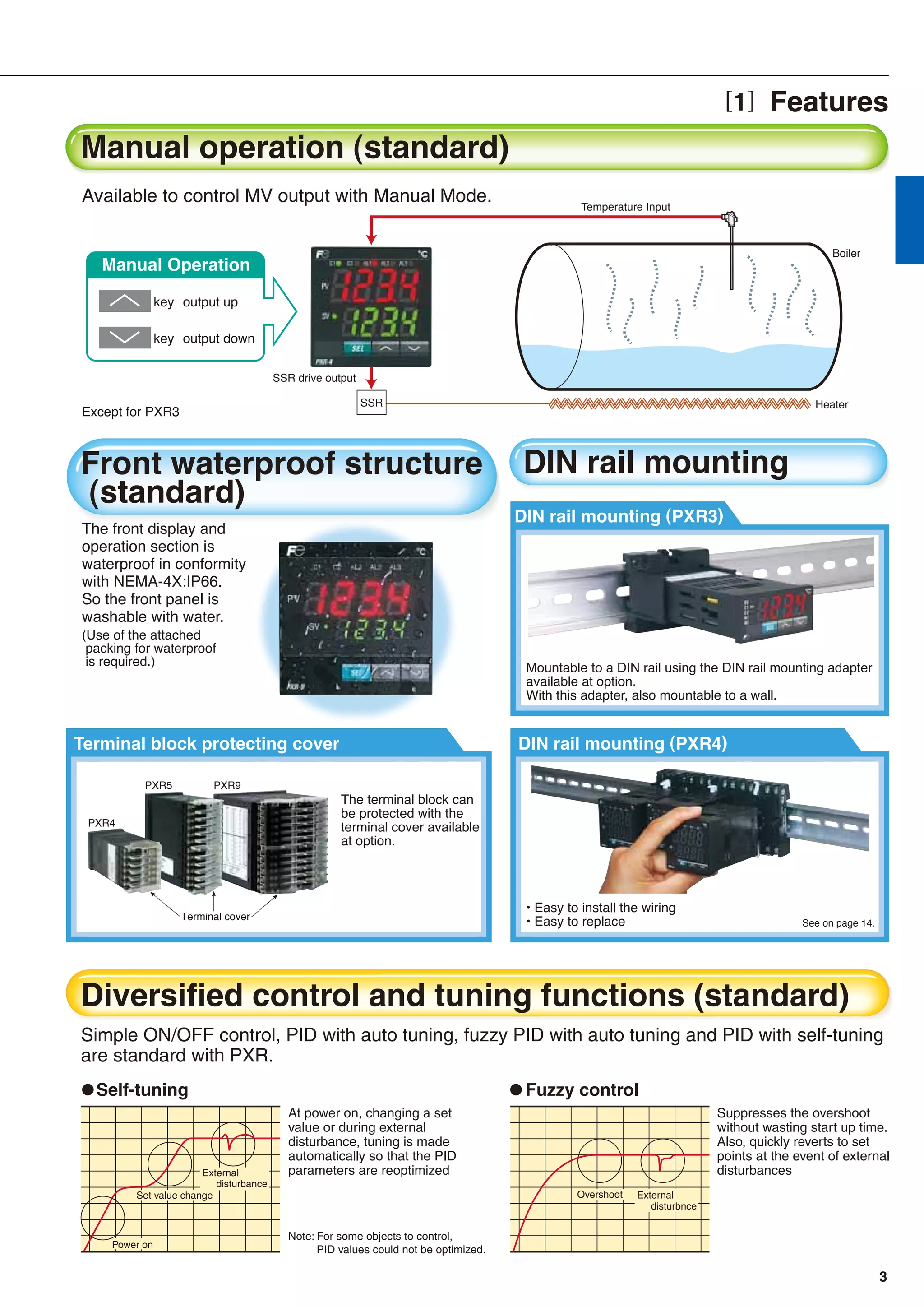 Front waterproof structure
(standard)
DIN rail mounting
Manual operation (standard)
The front display and
operation section is
waterproof in conformity
with NEMA-4X:IP66.
So the front panel is
washable with water.
(Use of the attached
packing for waterproof
is required.)
Available to control MV output with Manual Mode.
Except for PXR3
DIN rail mounting (PXR3)
Mountable to a DIN rail using the DIN rail mounting adapter
available at option.
With this adapter, also mountable to a wall.
• Easy to install the wiring
• Easy to replace See on page 14.
DIN rail mounting (PXR4)
The terminal block can
be protected with the
terminal cover available
at option.
Terminal block protecting cover
SSR
Manual Operation
key output up
key output down
SSR drive output
Heater
Boiler
Temperature Input
[1] Features
PXR4
PXR5 PXR9
Terminal cover
3
 