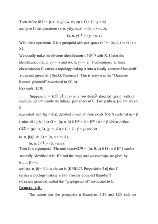 Then deﬁne G(2) = {((x, n, y), (w, m, z)) ∈ G × G : y = w}
and give G the operations (x, n, y)(y, m, z) := (x, n + m, z),
(x, n, y)−1 := (y, −n, x).
With these operations G is a groupoid with unit space G(0) = {(x, 0, x) ∈ G : x ∈
X}.
We usually make the obvious identiﬁcation of G(0) with X. Under this
identiﬁcation r(x, n, y) = x and s(x, n, y) = y. Furthermore, in these
circumstances G carries a topology making it into a locally compactHausdorﬀ
r-discrete groupoid [Dea95,Theorem 1] This is known as the “Deaconu-
Renault groupoid” associated to (X, σ).
Example 1.20.
Suppose E = (E0, E1, r, s) is a row-ﬁnite2 directed graph without
sources. Let E∞ denote the inﬁnite path spaceof E. Two paths α, β ∈ E∞ are shi
ft
equivalent with lag n ∈ Z, denoted α ∼n β, if there exists N ∈ N such that αi = β
i+nfor all i ≥ N . Let G = {(α, n, β) ∈ E∞ × Z × E∞ : α ∼n β}.Next, deﬁne
G(2) = {((α, n, β), (γ, m, δ)) ∈ G × G : β = γ} and let
(α, n, β)(β, m, δ):= (α, n + m, δ),
(α, n, β)−1 := (β, −n, α).
Then G is a groupoid. The unit spaceG(0) = {(α, 0, α) ∈ G : α ∈ E∞} can be
naturally identiﬁed with E∞ and the range and sourcemaps are given by
r(α, n, β) = α
and s(α, n, β) = β. It is shown in [KPRR97, Proposition 2.6] that G
carries a topology making it into a locally compactHausdorﬀ
r-discrete groupoid, called the “graphgroupoid” associated to E.
Remark 1.21.
The reason that the groupoids in Examples 1.19 and 1.20 look so
 
