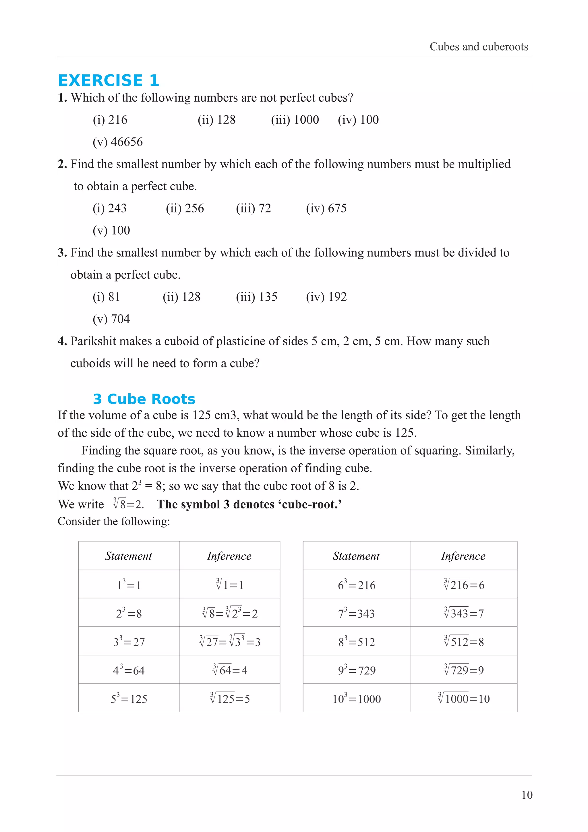 EXERCISE 1 
1. Which of the following numbers are not perfect cubes? 
(i) 216 (ii) 128 (iii) 1000 (iv) 100 
(v) 46656 
Cubes and cuberoots 
2. Find the smallest number by which each of the following numbers must be multiplied 
to obtain a perfect cube. 
(i) 243 (ii) 256 (iii) 72 (iv) 675 
(v) 100 
3. Find the smallest number by which each of the following numbers must be divided to 
obtain a perfect cube. 
(i) 81 (ii) 128 (iii) 135 (iv) 192 
(v) 704 
4. Parikshit makes a cuboid of plasticine of sides 5 cm, 2 cm, 5 cm. How many such 
cuboids will he need to form a cube? 
3 Cube Roots 
If the volume of a cube is 125 cm3, what would be the length of its side? To get the length 
of the side of the cube, we need to know a number whose cube is 125. 
Finding the square root, as you know, is the inverse operation of squaring. Similarly, 
finding the cube root is the inverse operation of finding cube. 
We know that 23 = 8; so we say that the cube root of 8 is 2. 
We write 3√8=2. The symbol 3 denotes ‘cube-root.’ 
Consider the following: 
Statement Inference Statement Inference 
13=1 3√1=1 63=216 3√216=6 
23=8 3√8=3√23=2 73=343 3√343=7 
33=27 3√27=3√33=3 83=512 3√512=8 
43=64 3√64=4 93=729 3√729=9 
53=125 3√125=5 103=1000 3√1000=10 
10 
 