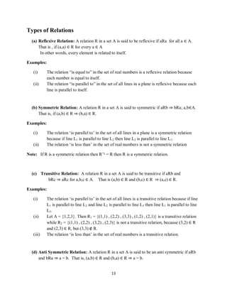 13
Types of Relations
(a) Reflexive Relation: A relation R in a set A is said to be reflexive if aRa for all a ∈ A.
That is , if (a,a) ∈ R for every a ∈ A
In other words, every element is related to itself.
Examples:
(i) The relation “is equal to” in the set of real numbers is a reflexive relation because
each number is equal to itself.
(ii) The relation “is parallel to” in the set of all lines in a plane is reflexive because each
line is parallel to itself.
(b) Symmetric Relation: A relation R in a set A is said to symmetric if aRb ⇒ bRa; a,b∈A.
That is, if (a,b) ∈ R ⇒ (b,a) ∈ R.
Examples:
(i) The relation „is parallel to‟ in the set of all lines in a plane is a symmetric relation
because if line L1 is parallel to line L2 then line L2 is parallel to line L1.
(ii) The relation „is less than‟ in the set of real numbers is not a symmetric relation
Note: If R is a symmetric relation then R¯1 = R then R is a symmetric relation.
(c) Transitive Relation: A relation R in a set A is said to be transitive if aRb and
bRc ⇒ aRc for a,b,c ∈ A. That is (a,b) ∈ R and (b,c) ∈ R ⇒ (a,c) ∈ R.
Examples:
(i) The relation „is parallel to‟ in the set of all lines is a transitive relation because if line
L1 is parallel to line L2 and line L2 is parallel to line L3 then line L1 is parallel to line
L3.
(ii) Let A = {1,2,3}. Then R1 = {(1,1) , (2,2) , (3,3) , (1,2) , (2,1)} is a transitive relation
while R2 = {(1,1) , (2,2) , (3,2) , (2,3)} is not a transitive relation, because (3,2) ∈ R
and (2,3) ∈ R, but (3,3) ∉ R.
(iii) The relation „is less than‟ in the set of real numbers is a transitive relation.
(d) Anti Symmetric Relation: A relation R in a set A is said to be an anti symmetric if aRb
and bRa ⇒ a = b. That is, (a,b) ∈ R and (b,a) ∈ R ⇒ a = b.
 