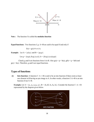 18
Note : The function f is called the modulus function
Equal functions: Two functions f, g: A→B are said to be equal if and only if
f(x) = g(x) ∀ x ∈ A.
Example: Let A = {a,b,c} and B = {p,q,r}
Let g = {(a,p), (b,q), (c,r)}; h = {(b,q), (c,r),(a,p)}
Clearly g and h are functions from A to B. Also g(a) = p = h(a), g(b) = q = h(b) and
g(c) = h(c). Therefore, g and h are equal functions.
Types of functions
(i) Into function: A function f : A → B is said to be an into function if there exists at least
one element in B having no pre-image in A. In other words, a function f: A→B is an into
function if ran f ≠ B.
Example. Let A = {a1, a2, a3,a4, a5}, B = {b1,b2, b3, b4, b5}. Consider the function f : A → B
represented by the diagram given below.
 