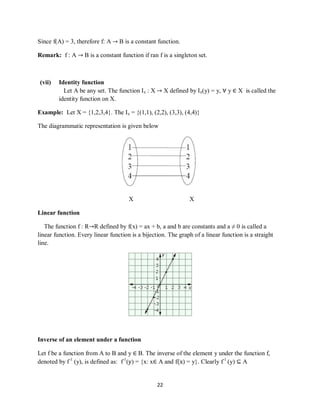22
Since f(A) = 3, therefore f: A → B is a constant function.
Remark: f : A → B is a constant function if ran f is a singleton set.
(vii) Identity function
Let A be any set. The function Ix : X → X defined by Ix(y) = y, ∀ y ∈ X is called the
identity function on X.
Example: Let X = {1,2,3,4}. The Ix = {(1,1), (2,2), (3,3), (4,4)}
The diagrammatic representation is given below
X X
Linear function
The function f : R→R defined by f(x) = ax + b, a and b are constants and a ≠ 0 is called a
linear function. Every linear function is a bijection. The graph of a linear function is a straight
line.
Inverse of an element under a function
Let f be a function from A to B and y ∈ B. The inverse of the element y under the function f,
denoted by f-1
(y), is defined as: f-1
(y) = {x: x∈ A and f(x) = y}. Clearly f-1
(y) ⊆ A
 