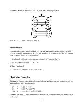 23
Example. Consider the function f: A→B given in the following diagram.
Here, f(1) = {a}, hence f¯1(a) = {1} an so on.
Inverse Function
Let f be a function from A to B and let b ∈ B. We have seen that f-1
(b) may consists of a single
element, more than one element or no element at all. But if f : A → B is a bijection then for each
b ∈ B, f-1
(b) will consist of a single element.
i.e., for each b ∈ B, there exists a unique element a ∈ A such that f(a) = b.
So, we may define a function, f-1
: B→A by
f-1
(b) = a ⇔ f(a) = b
The function f-1
is called the inverse function of f.
Illustrative Examples
Example 1. Examine each of the following relations given below and state in each case, giving
reasons whether it is a function or not?
(i) R = {(2,1),(3,1).(4,2)}
(ii) R = {(2,2),(2,4),(3,3),(4,4)}
(iii) R = {(1,2),(2,3),(3,4),(4,5),(5,6),(6,7)}
Solution. (i) Since 2,3,4 are the elements of domain of R having unique images, this relation R
is a function.
 
