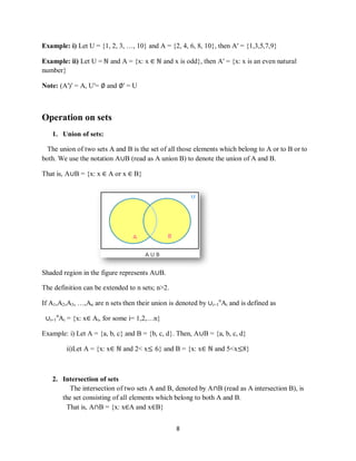 8
Example: i) Let U = {1, 2, 3, …, 10} and A = {2, 4, 6, 8, 10}, then A′ = {1,3,5,7,9}
Example: ii) Let U = ℕ and A = {x: x ∈ ℕ and x is odd}, then A′ = {x: x is an even natural
number}
Note: (A′)′ = A, U′= ∅ and ∅′ = U
Operation on sets
1. Union of sets:
The union of two sets A and B is the set of all those elements which belong to A or to B or to
both. We use the notation A∪B (read as A union B) to denote the union of A and B.
That is, A∪B = {x: x ∈ A or x ∈ B}
Shaded region in the figure represents A∪B.
The definition can be extended to n sets; n>2.
If A1,A2,A3, …,An are n sets then their union is denoted by ∪i=1
n
Ai and is defined as
∪i=1
n
Ai = {x: x∈ Ai, for some i= 1,2,…n}
Example: i) Let A = {a, b, c} and B = {b, c, d}. Then, A∪B = {a, b, c, d}
ii)Let A = {x: x∈ ℕ and 2< x≤ 6} and B = {x: x∈ ℕ and 5<x≤8}
2. Intersection of sets
The intersection of two sets A and B, denoted by A∩B (read as A intersection B), is
the set consisting of all elements which belong to both A and B.
That is, A∩B = {x: x∈A and x∈B}
 