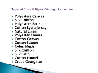  Polyesters Canvas
 Silk Chiffon
 Polyesters Satin
 Cotton Lycra Jersey
 Natural Linen
 Polyester Canvas
 Cotton Canvas
 Cotton Sateen
 Nylon Mesh
 Silk Chiffon
 Silk Satin
 Cotton Funnel
 Crepe Georgette
 