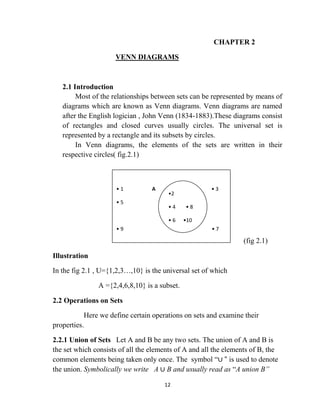 12
CHAPTER 2
VENN DIAGRAMS
2.1 Introduction
Most of the relationships between sets can be represented by means of
diagrams which are known as Venn diagrams. Venn diagrams are named
after the English logician , John Venn (1834-1883).These diagrams consist
of rectangles and closed curves usually circles. The universal set is
represented by a rectangle and its subsets by circles.
In Venn diagrams, the elements of the sets are written in their
respective circles( fig.2.1)
(fig 2.1)
Illustration
In the fig 2.1 , U={1,2,3…,10} is the universal set of which
A ={2,4,6,8,10} is a subset.
2.2 Operations on Sets
Here we define certain operations on sets and examine their
properties.
2.2.1 Union of Sets Let A and B be any two sets. The union of A and B is
the set which consists of all the elements of A and all the elements of B, the
common elements being taken only once. The symbol “∪ " is used to denote
the union. Symbolically we write A ∪ B and usually read as “A union B”
• 1 A • 3
• 5
• 9 • 7
•2
• 4 • 8
• 6 •10
 