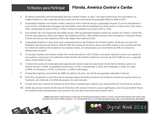 Flórida, América Central e Caribe10 Razões para Participar
1. Os latinos constituem 16% da população total dos Estados Unidos, ou seja, 1 de cada 6 americanos tem ascendência ou 
origem hispânica, e eles responderam pela maior parte do crescimento da população (56%) de 2000 a 2010.  
2. A população hispânica nos Estados Unidos conecta‐se mais à internet do que a população em geral. O uso de smartphones é 
( ) (mais intenso, considerando mensagens de texto (64% contra 56% da população em geral), acesso a redes sociais (12% versus 
10%), comparação de preços (32% vs. 23%) e compra de produtos ou serviços (16% vs. 11%).
3. Eles também são mais frequentes nas mídias sociais: 18% da população hispânica online são usuários do Twitter, à frente dos 
brancos não‐hispânicos (5%) e dos negros não‐hispânicos (13%), e 10% utilizam serviços como Foursquare e Facebook Places, 
à f t d b ã hi â i (3%) d ã hi â i (5%)à frente dos brancos não‐hispânicos (3%) e dos negros não‐hispânicos (5%).
4. A população hispânica é mais jovem que a população branca não‐hispânica nos Estados Unidos, sendo que um terço dos 
hispânicos são menores de 18 anos. Mais de 50% tem menos de 26 anos e, para o ano 2020, espera‐se um aumento de 62% 
no número de adolescentes hispânicos nos Estados Unidos, em comparação a um crescimento de 10% no número de 
adolescentes em geraladolescentes em geral.
5. O mercado hispânico dos Estados Unidos tem renda estimada em US$ 1 trilhão e seu poder aquisitivo cresce mais rápido do 
que qualquer outro grupo. O rendimento médio familiar das famílias hispânicas é de mais de US$ 43,000 por ano, a segunda 
maior renda familiar no país.
6 A i i d í d C ib t l d i t d i t d I t t A é i L ti6. A maioria dos países do Caribe apresenta algumas das maiores taxas de crescimento da Internet na América Latina nos 
últimos 10 anos: 5.354%, na República Dominicana; 2.915%, na Guatemala; 2.337%, em El Salvador; 2.316%, em Cuba; 
2.296%, em Honduras; 1.977%, no Panamá, e 1.100% na Nicarágua.
7. A Costa Rica registrou crescimento de 500% nos últimos 10 anos, com 35,3% da população utilizando a internet.
8. Porto Rico, Guatemala e Costa Rica são os principais países da América Central e do Caribe em número de usuários ativos no 
Facebook, com média de 1,4 milhão de pessoas em cada mercado.
9. A maior parte dos usuários de Internet em Porto Rico é composta por solteiros, que representam 64,7% do total de usuários.
10. 18,6% das pessoas maiores de 50 anos em Porto Rico têm acesso à Internet, o que é significativo, uma vez que também houve , p , q g , q
um envelhecimento da população, com aumento de 3,2% dessa faixa etária entre 2010 e 2011.
Fontes: WiredLatinos, 2010; Hispanics Increase Use of Cell Phones/Smartphones, 2010; U.S. Census, Pew Internet & American Life Project, 2010; 
ComScore, 2010, Share of Wallet: Hispanics ‐ US ‐ February 2010; CDC: U.S. Life Tables by Hispanic Origin, 2010 ; Internet World Stats, Social Bakers.
 