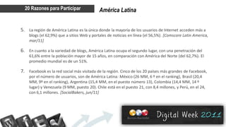 20 Razones para Participar                América Latina


5. La región de América Latina es la única donde la mayoría de los usuarios de Internet acceden más a
    blogs (el 62,9%) que a sitios Web y portales de noticias en línea (el 56,5%). [Comscore Latin America,
    mar/11]

6. En cuanto a la variedad de blogs, América Latina ocupa el segundo lugar, con una penetración del
    61,6% entre la población mayor de 15 años, en comparación con América del Norte (del 62,7%). El
    promedio mundial es de un 51%.

7. Facebook es la red social más visitada de la región. Cinco de los 20 países más grandes de Facebook,
    por el número de usuarios, son de América Latina: México (26 MM, 6 º en el ranking), Brasil (20,4
    MM, 9º en el ranking), Argentina (15,4 MM, en el puesto número 13), Colombia (14,4 MM, 14 º
    lugar) y Venezuela (9 MM, puesto 20). Chile está en el puesto 21, con 8,4 millones, y Perú, en el 24,
    con 6,1 millones. [SocialBakers, jun/11]
 