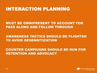 INTERACTION PLANNING
MUST BE OMNIPRESENT TO ACCOUNT FOR
PASS ALONG AND FOLLOW THROUGH
AWARENESS TACTICS SHOULD BE FLIGHTED
TO AVOID DESENSITIZATION
COUNTER CAMPAIGNS SHOULD BE RUN FOR
RETENTION AND ADVOCACY

28

 