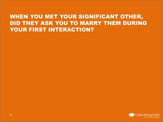 WHEN YOU MET YOUR SIGNIFICANT OTHER,
DID THEY ASK YOU TO MARRY THEM DURING
YOUR FIRST INTERACTION?

4

 